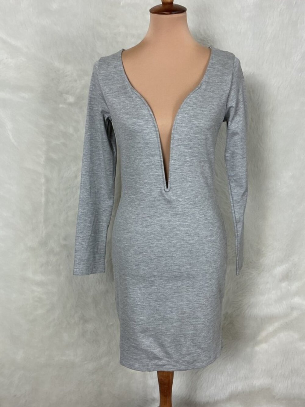 Blanc Heather Gray Long Sleeve Plunge Mini Dress Made in USA L